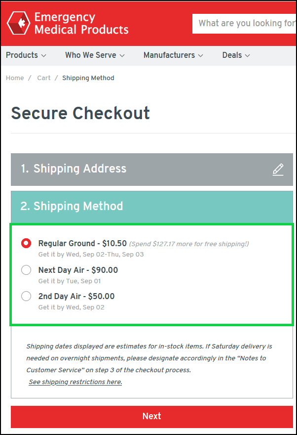 Screenshot of Step 2 of checkout w/ default address, address dropdown and checkbox to create new address