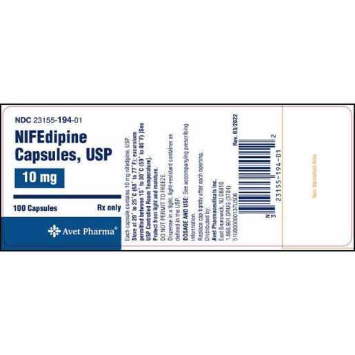 Nifedipine, 10mg, 100 Capsules