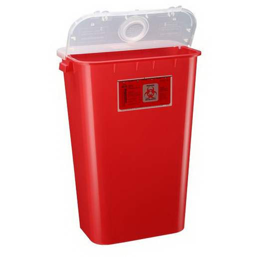 Large Volume Sharps Container, Hinged Lid, Red, 11gal