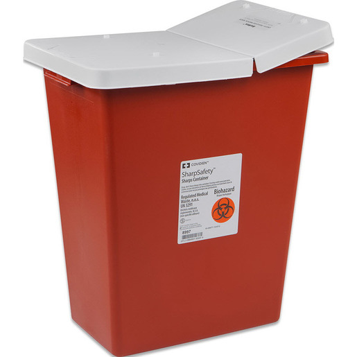 SharpSafety Large Volume Sharps Container with Hinged Lid, 8gal, Red