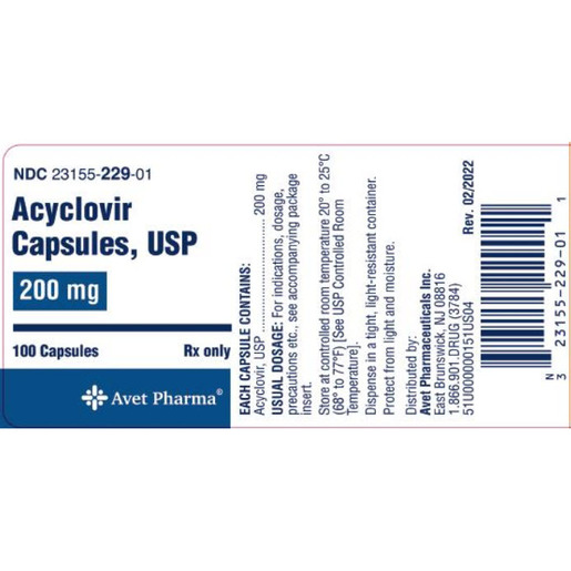 Acyclovir, 200mg, 100 Capsules