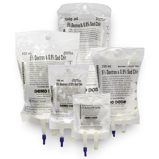 Demo Dose Simulated IV Fluid, Simulated 5% Dextrose 0.9% NaCl, 250 ml