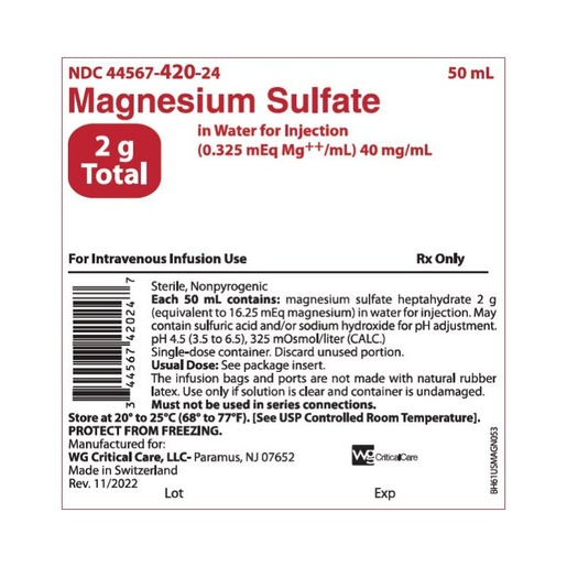 Magnesium Sulfate 40mg/mL, 50mL Bag (0.325mEq/ml)